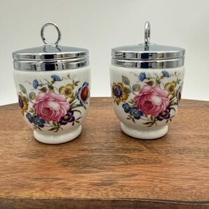 Royal Worcester Bournemouth Egg Coddlers Set of 2 Pink Rose Floral Porcelain